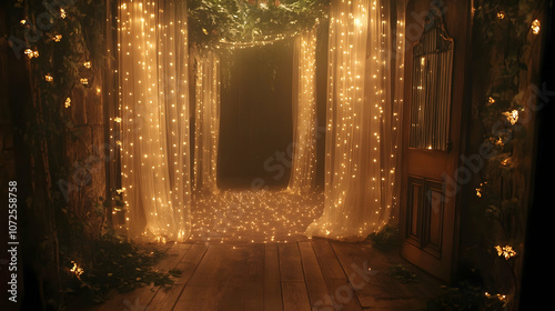 Sheer fairy curtain lights glowing softly in a whimsical, dreamy setting -