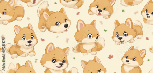 Seamless Pattern of Shiba Inu Dogs with Playful Expressions on a Beige Background