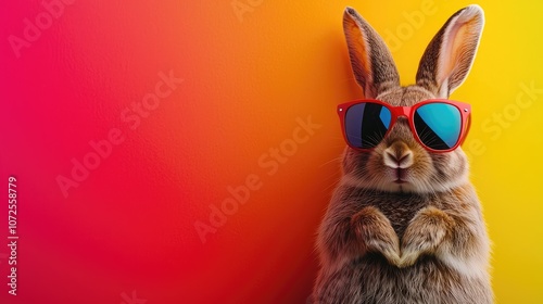 A cool rabbit wearing sunglasses against a vibrant colorful background. photo