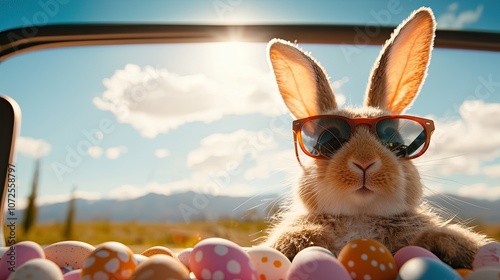 A cool rabbit wearing sunglasses surrounded by colorful Easter eggs in bright sunlight.