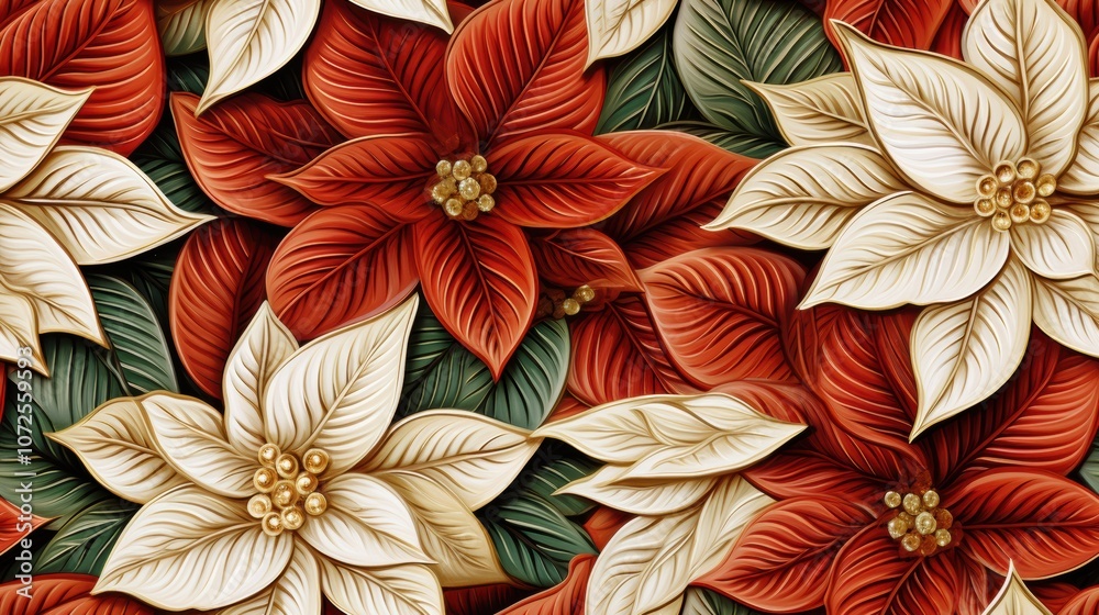 Intricate pattern of red and white poinsettias with green leaves Intricate pattern of red and white poinsettias with green leaves