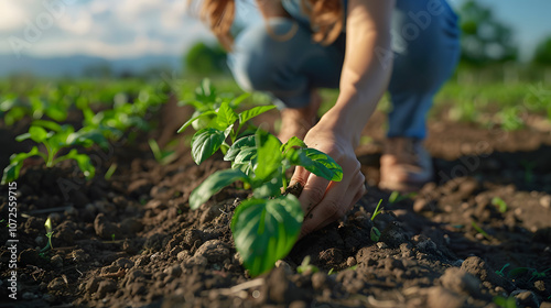 Farmer Planting Seedlings in Lush Farmland Landscape