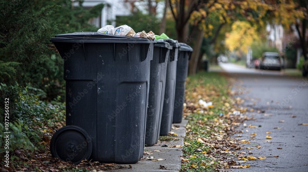Row of Black Trash Cans on a Residential Street Row of Black Trash Cans on a Residential Street