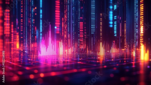 Colorful data analysis graph with multiple line charts overlaid on a bar chart, representing trends