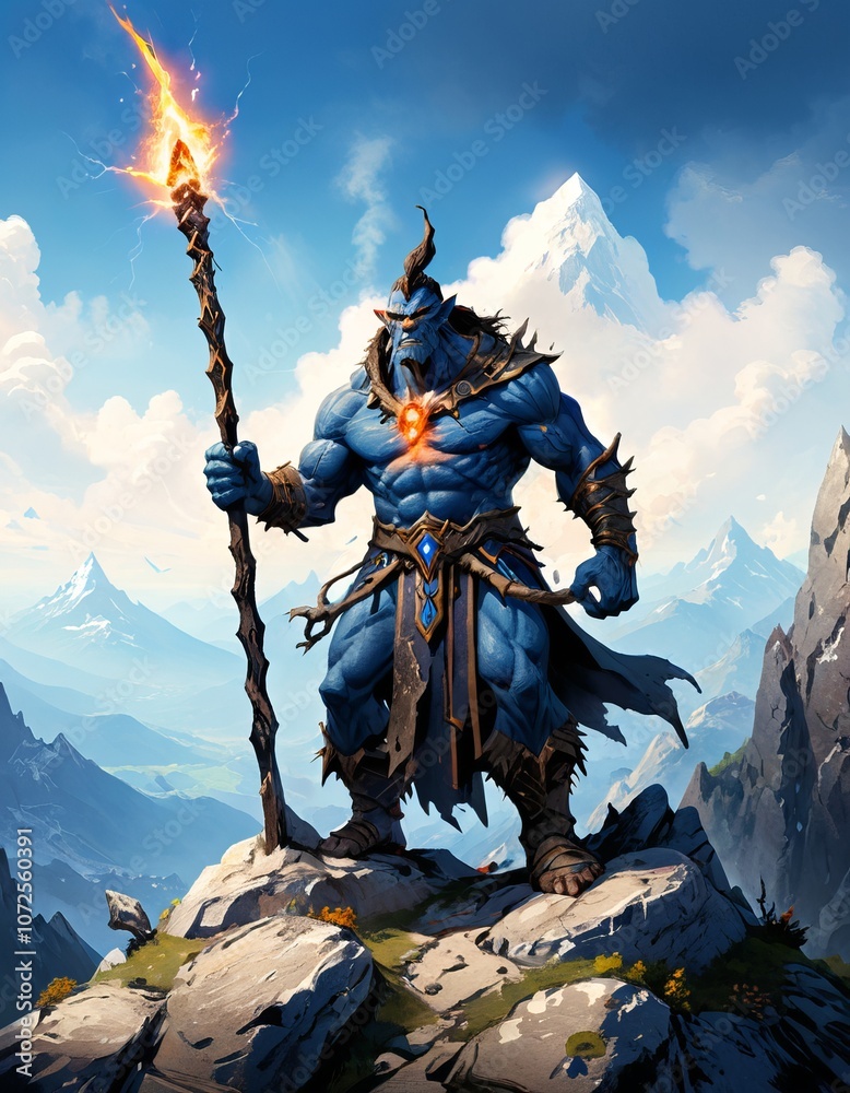 Majestic blue warrior with fiery staff in epic mountain landscape Majestic blue warrior with fiery staff in epic mountain landscape