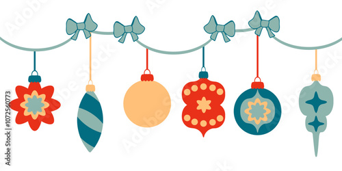 Simple flat Christmas garland with ornaments and bows. Perfect for tee, banner, flyer, label, postcard, sale. Retro style vector illustration.