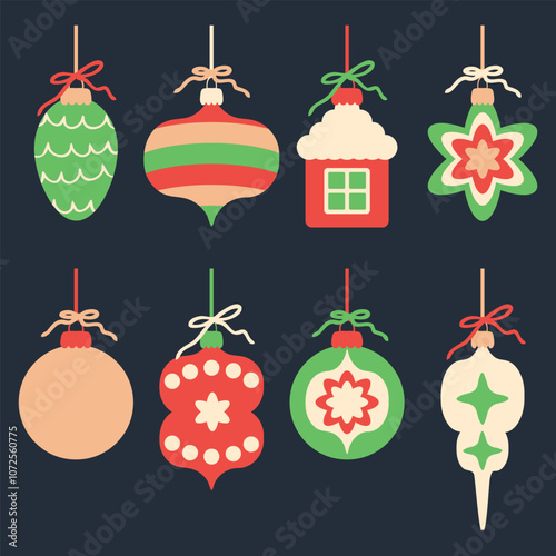 Retro style Merry Christmas ornaments clipart collection. Perfect for banner, flyer, label, postcard, sale, stickers. Retro style vector illustration.