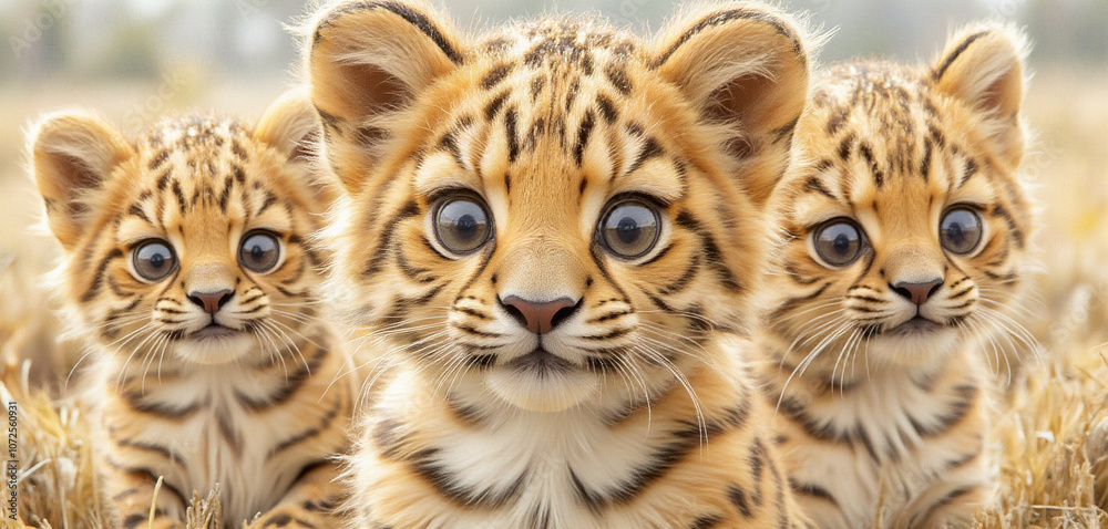 Group of Tiger Cubs Sitting Together in a Flowering Meadow Group of Tiger Cubs Sitting Together in a Flowering Meadow