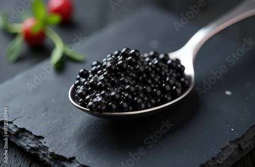 Spoon with black caviar on black background, luxury food