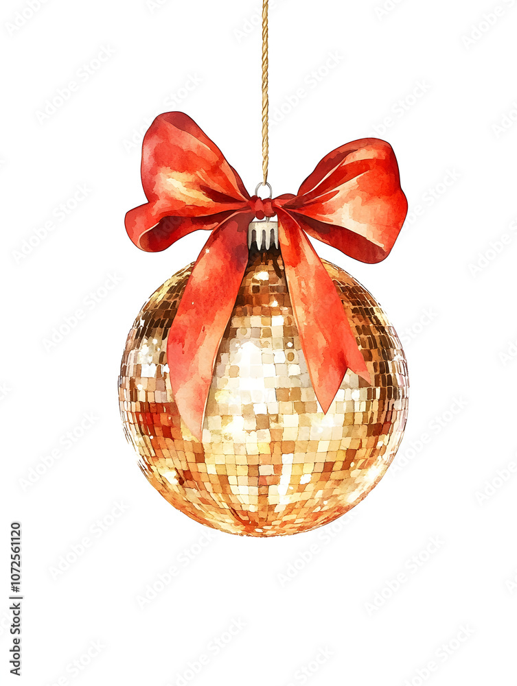 Festive Pink and Gold Disco Ball Ornament with Ribbon Bow, Sparkling Holiday Decoration for Cheerful Celebrations and Glamorous Themes