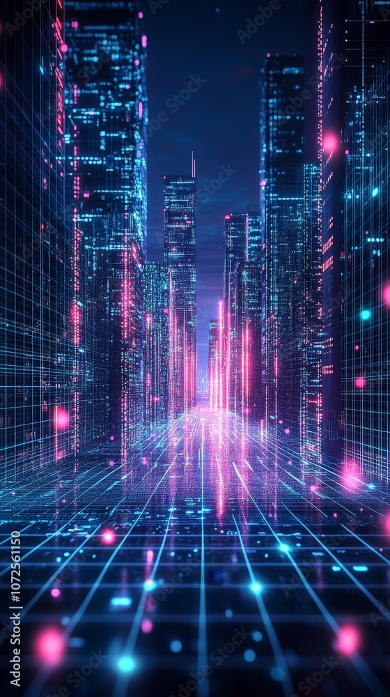 Fototapeta premium Abstract glowing dots and lines representing digital landscape and data flow visualization