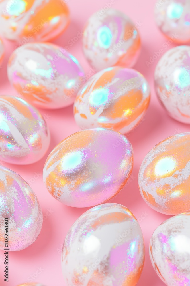 metallic and pastel-colored Easter eggs, with bright colors like orange and pink adorned with silver and iridescent foil details metallic and pastel-colored Easter eggs, with bright colors like orange and pink adorned with silver and iridescent foil details