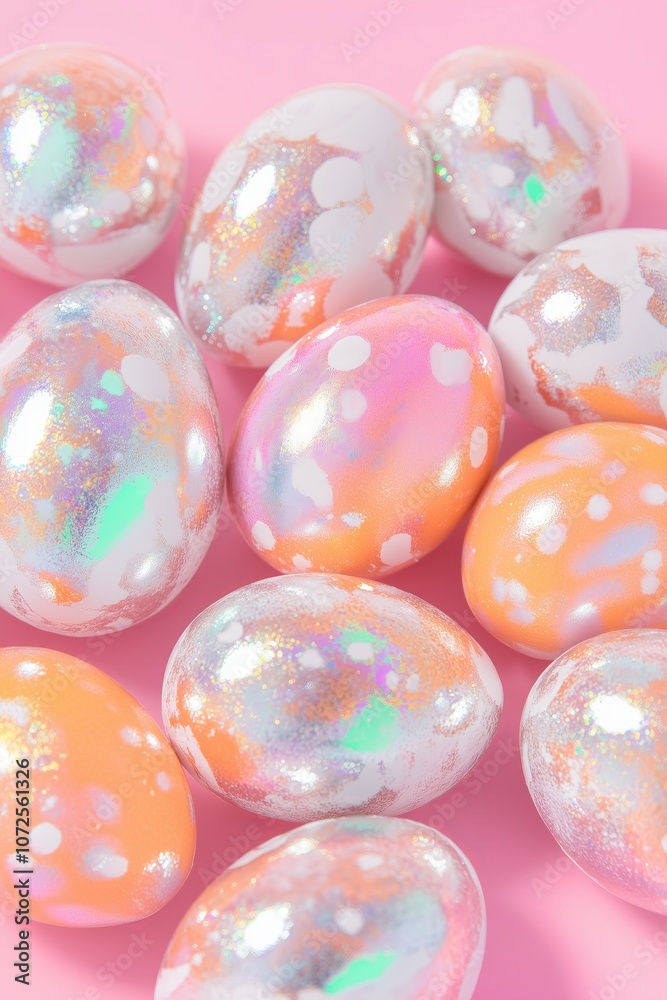 metallic and pastel-colored Easter eggs, with bright colors like orange and pink adorned with silver and iridescent foil details metallic and pastel-colored Easter eggs, with bright colors like orange and pink adorned with silver and iridescent foil details