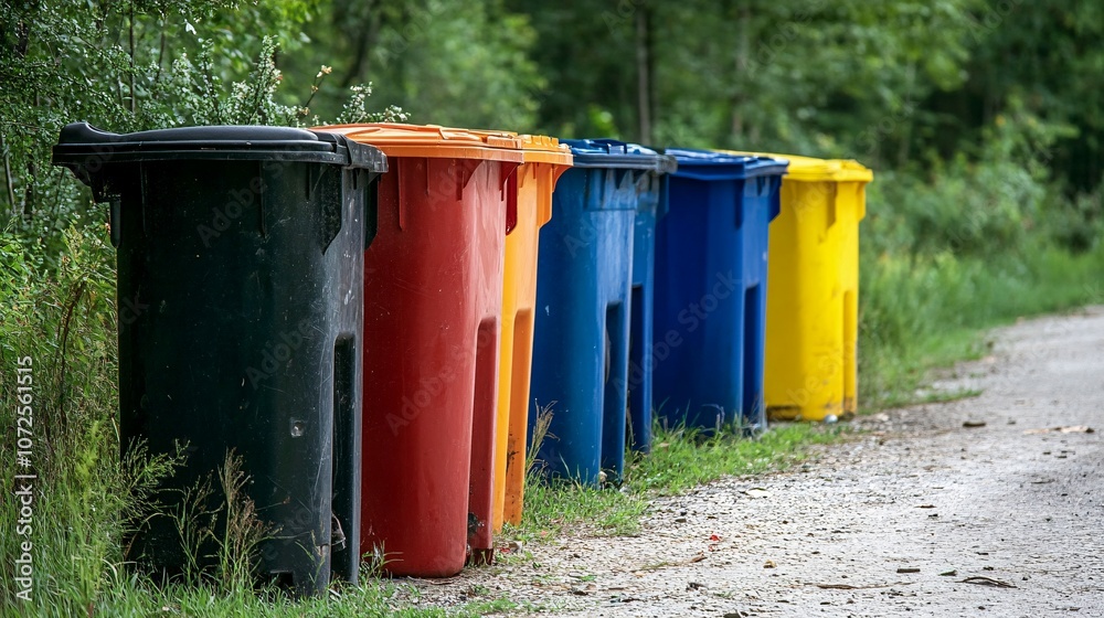 Row of Colorful Recycling Bins in a Rural Setting Row of Colorful Recycling Bins in a Rural Setting