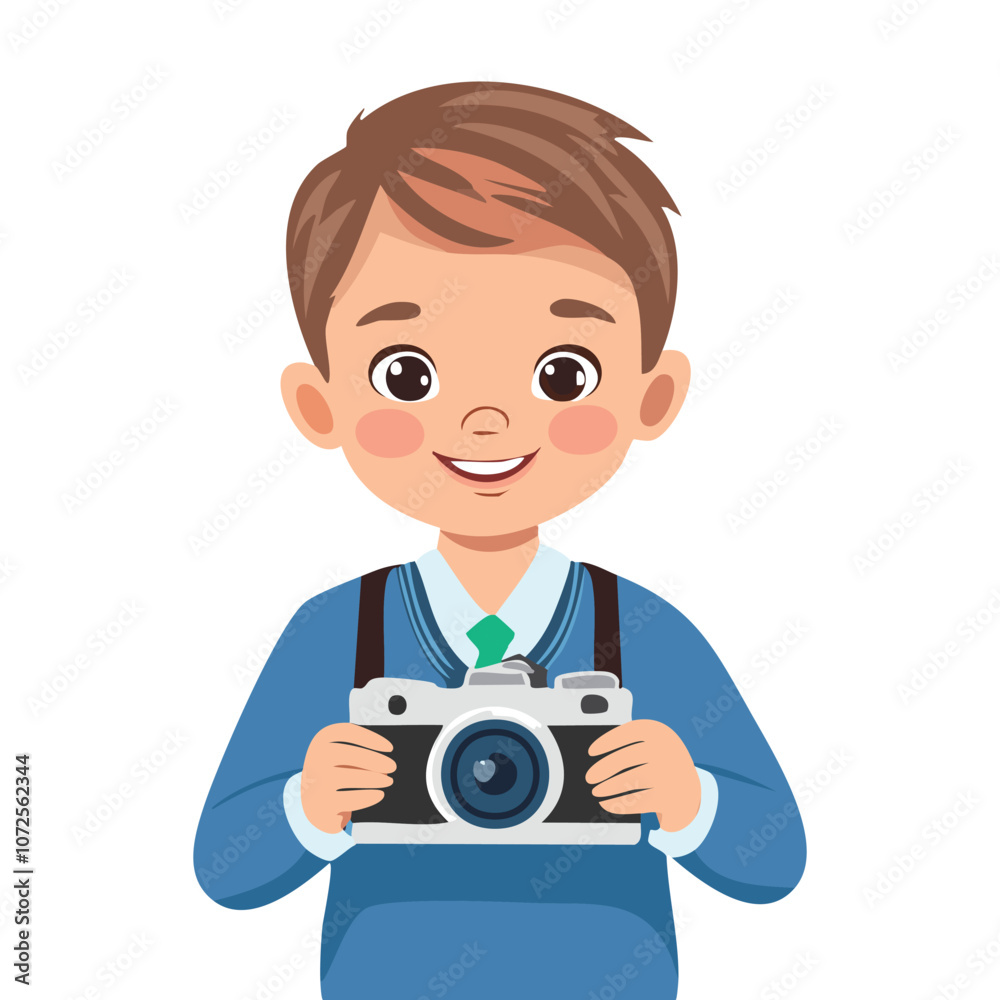 Illustration of a boy who likes holding a camera and smiling Illustration of a boy who likes holding a camera and smiling