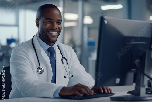 Close up of a man doctor sitting in front of the computer