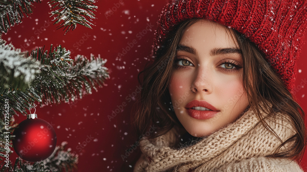 Glamorous Female Model in Festive Red Winter Wear, Snow-Covered Scene - Great for Holiday, Winter Beauty, and Lifestyle Marketing. Glamorous Female Model in Festive Red Winter Wear, Snow-Covered Scene - Great for Holiday, Winter Beauty, and Lifestyle Marketing.