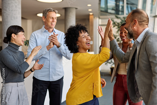 business meeting businesswoman woman office entrepreneur presentation success applause applauding audience achievement career job congratulation teamwork