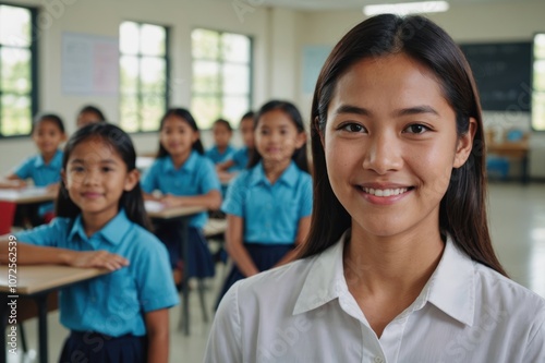 Close portrait of a smiling young Malaysian female elegant primary school teacher standing and looking at the camera, indoors almost empty classroom blurred background