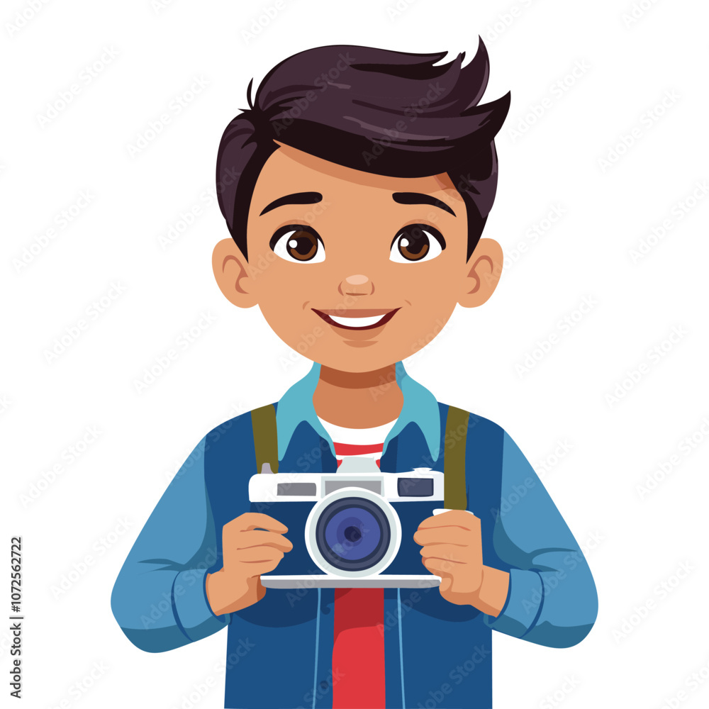 Illustration of a boy who likes holding a camera and smiling Illustration of a boy who likes holding a camera and smiling