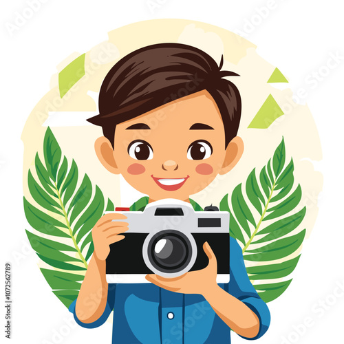 Illustration of a boy who likes holding a camera and smiling