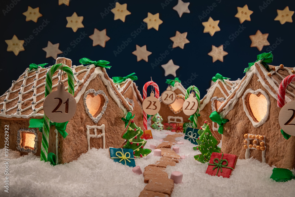 Naklejka premium Christmas gingerbread village with cookie stars at night