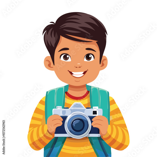 Illustration of a boy who likes holding a camera and smiling