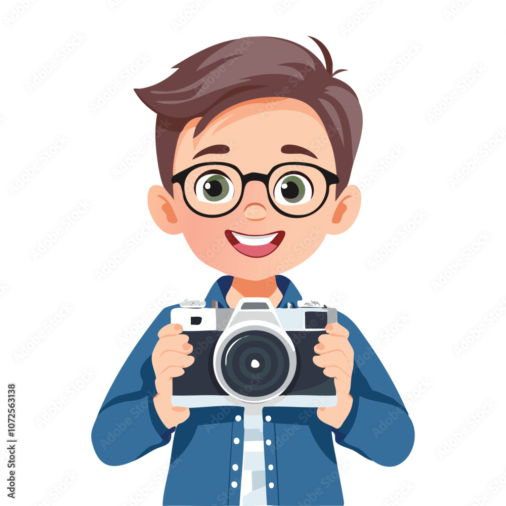 Illustration of a boy who likes holding a camera and smiling Illustration of a boy who likes holding a camera and smiling