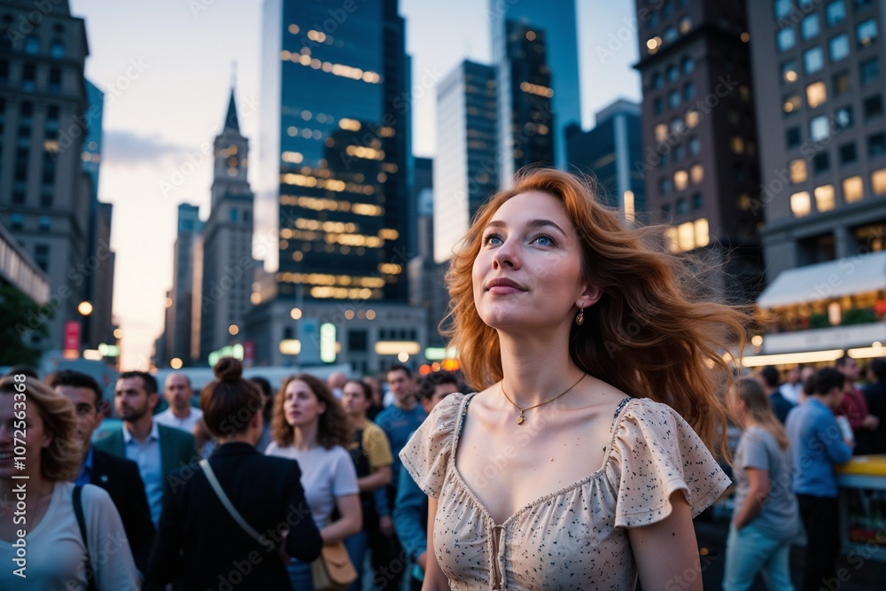 Fototapeta premium Young Woman Gazing Up at Skyscrapers in Bustling Urban Environment at Sunset