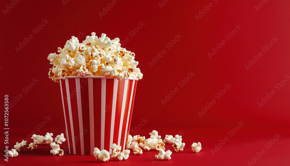 A classic movie night bucket of popcorn on a vivid red background, inviting a fun viewing experience A classic movie night bucket of popcorn on a vivid red background, inviting a fun viewing experience