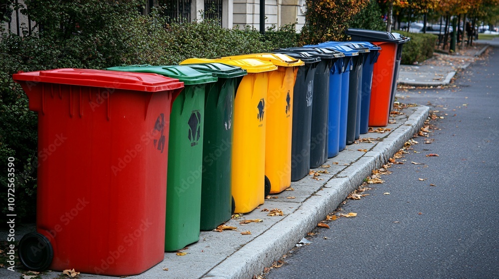 Row of Colorful Recycling Bins on a City Street Row of Colorful Recycling Bins on a City Street