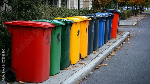 Row of Colorful Recycling Bins on a City Street