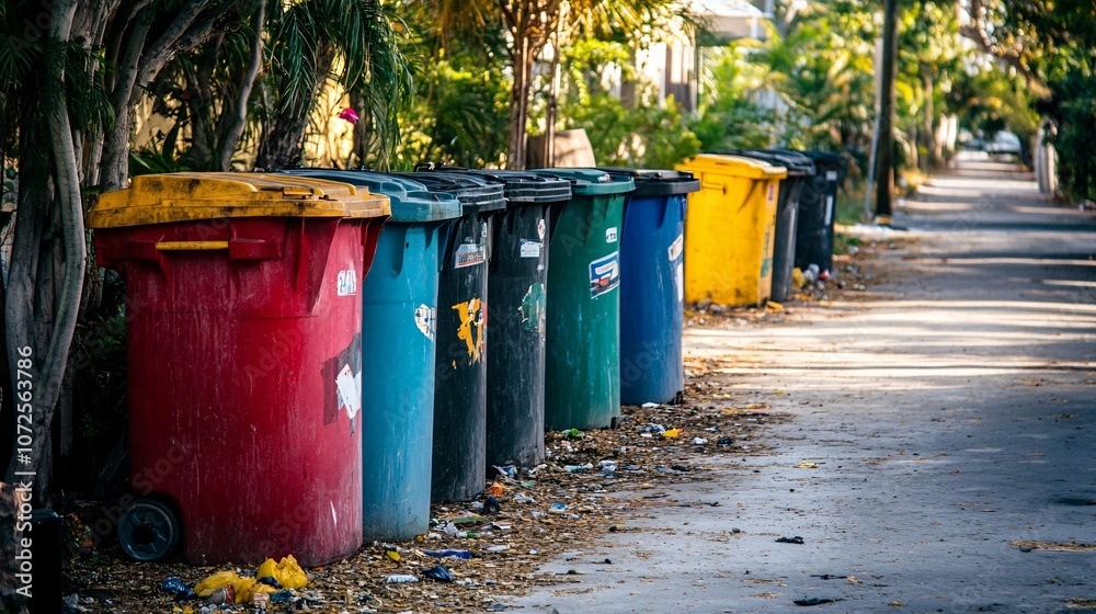 Colorful Trash Cans Lined Up On A Street Colorful Trash Cans Lined Up On A Street