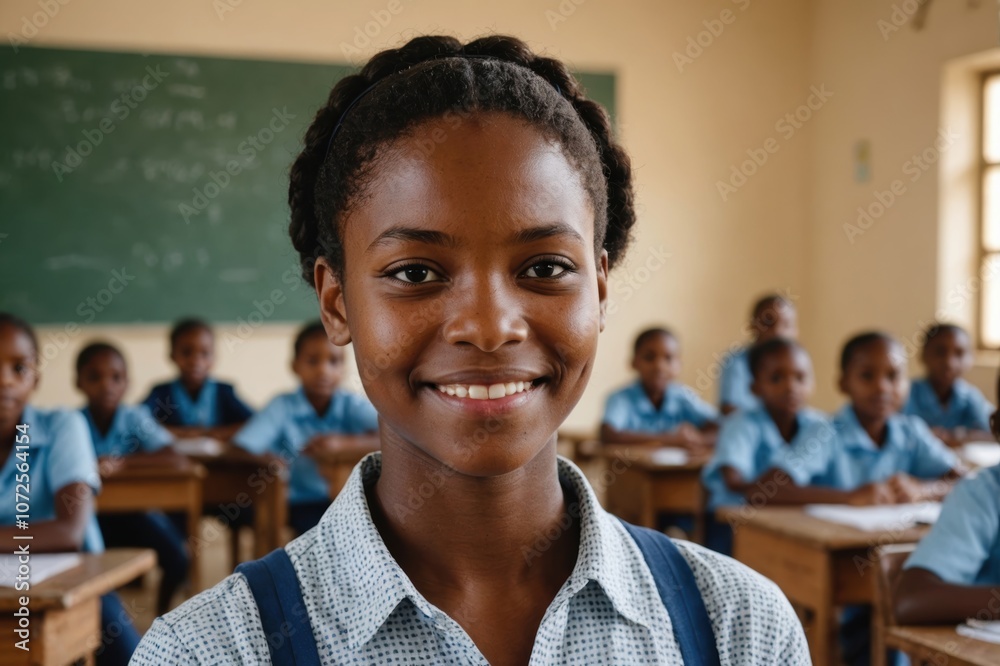 Close portrait of a smiling young Mozambican female elegant primary school teacher standing and looking at the camera, indoors almost empty classroom blurred background Close portrait of a smiling young Mozambican female elegant primary school teacher standing and looking at the camera, indoors almost empty classroom blurred background