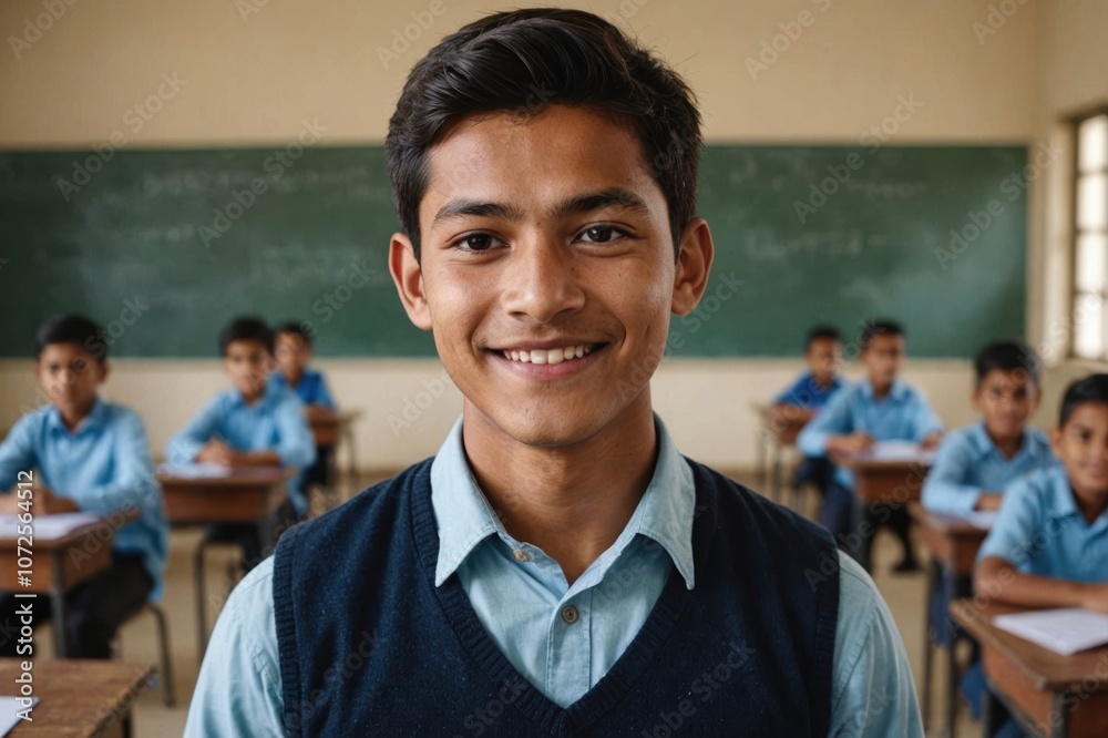 Close portrait of a smiling young Nepalese male elegant primary school teacher standing and looking at the camera, indoors almost empty classroom blurred background Close portrait of a smiling young Nepalese male elegant primary school teacher standing and looking at the camera, indoors almost empty classroom blurred background