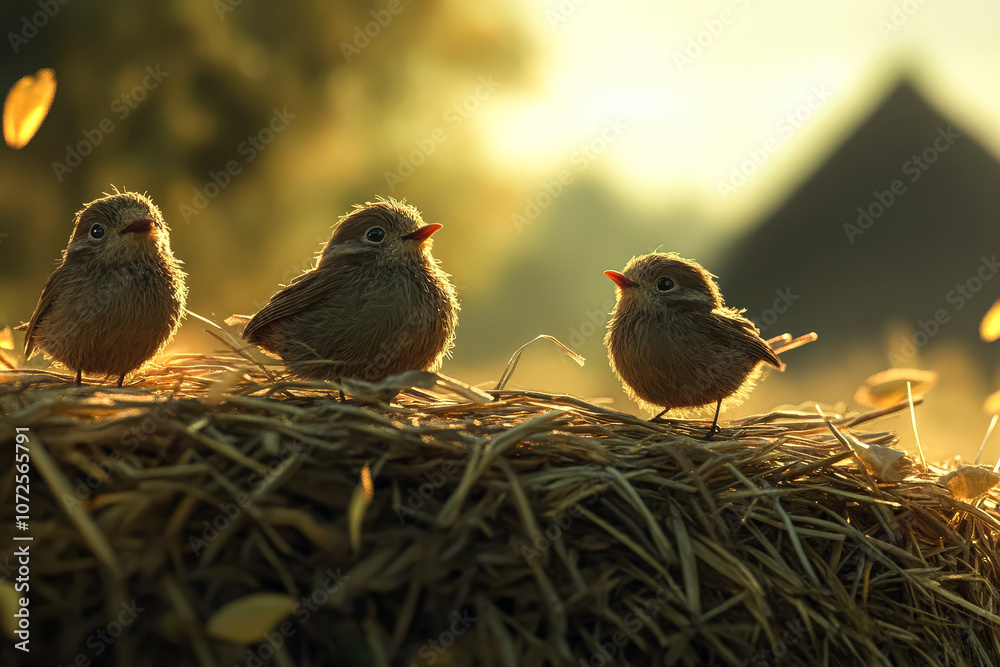 Obraz premium Three small birds are sitting on a hay bale. The birds are brown and appear to be looking at the camera. The hay bale is covered in dry grass and the birds seem to be enjoying their time on the hay