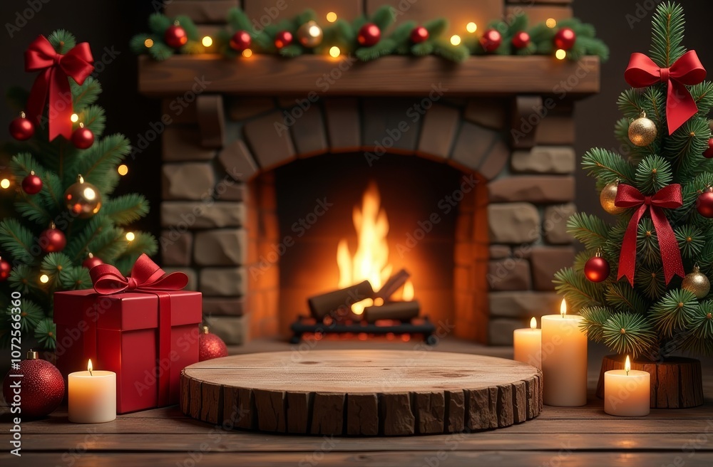Christmas wooden podium for product showcase, copy space, candles, red christmas gift, burning fireplace on background Christmas wooden podium for product showcase, copy space, candles, red christmas gift, burning fireplace on background