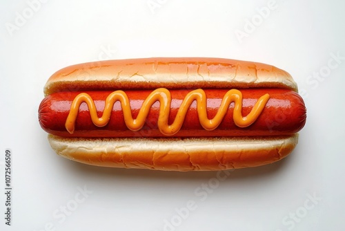 A delicious-looking hotdog centered on a pristine white background, emphasizing simplicity and appetite appeal. photo