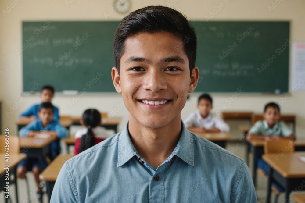 Close portrait of a smiling young Filipino male elegant primary school teacher standing and looking at the camera, indoors almost empty classroom blurred background Close portrait of a smiling young Filipino male elegant primary school teacher standing and looking at the camera, indoors almost empty classroom blurred background