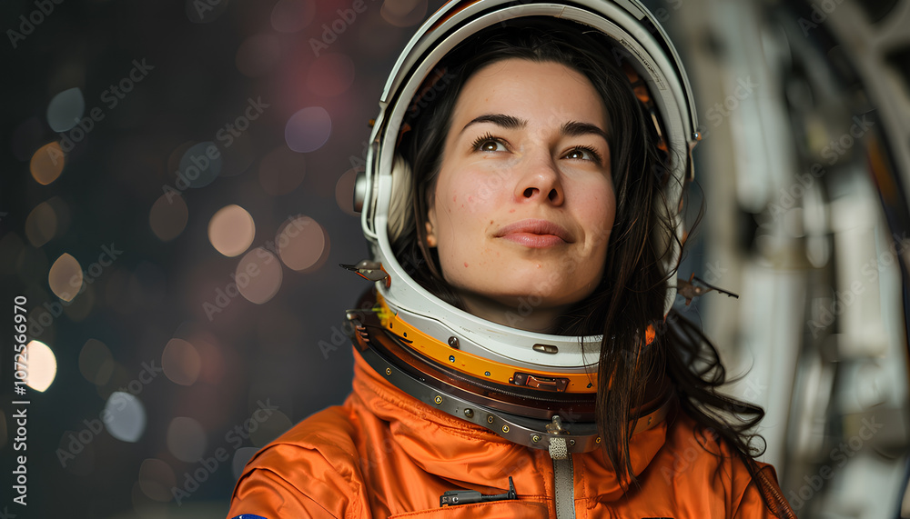 Portrait of astronaut woman with spacesuit against taking off spaceship and cosmos Portrait of astronaut woman with spacesuit against taking off spaceship and cosmos