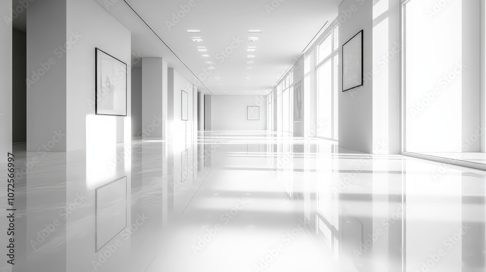 Minimalist white gallery interior with spotlights, ideal for showcasing modern art pieces Minimalist white gallery interior with spotlights, ideal for showcasing modern art pieces