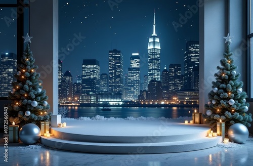 Fototapeta Naklejka Na Ścianę i Meble -  Christmas podium for product showcase with Christmas trees next to a big city with skyscrapers in the evening