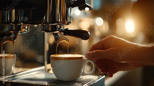 A hand pouring freshly brewed coffee into a white cup at a cafe setting. photo