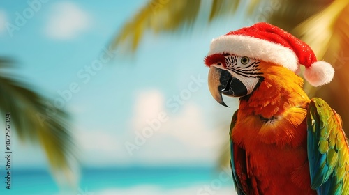 Colorful parrot wearing a Santa hat against a tropical beach backdrop. photo