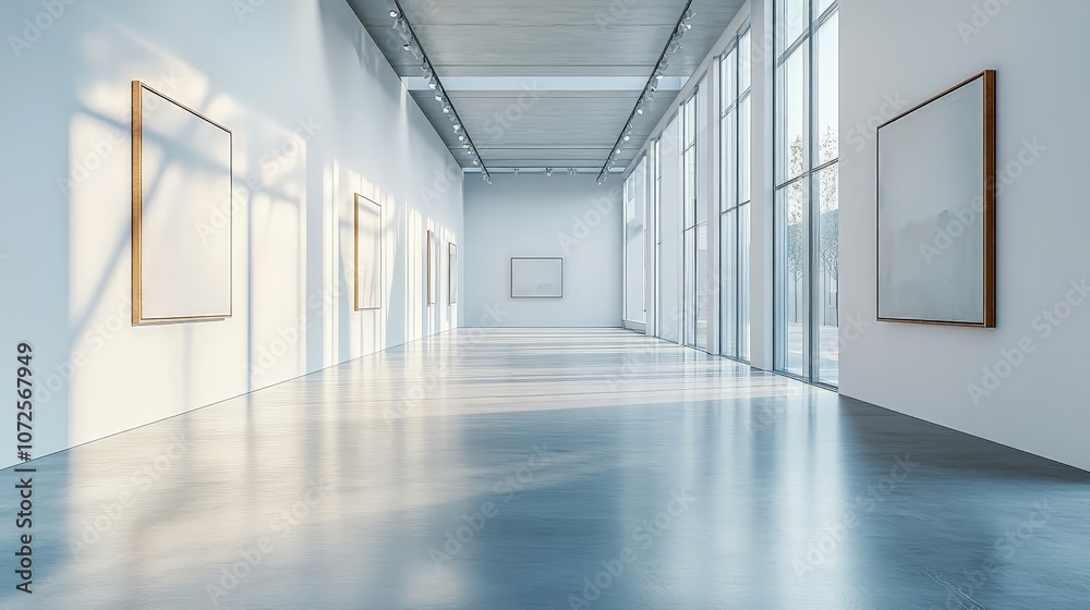 Minimalist white gallery interior with spotlights, ideal for showcasing modern art pieces Minimalist white gallery interior with spotlights, ideal for showcasing modern art pieces