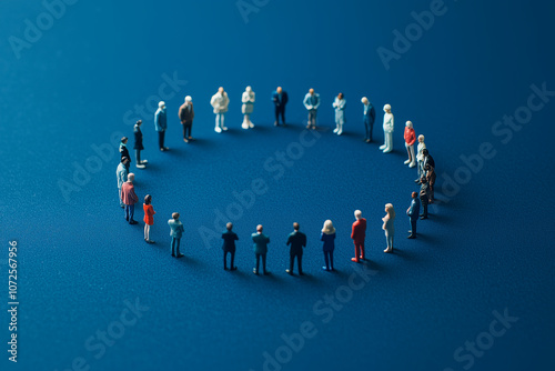 Fototapeta Naklejka Na Ścianę i Meble -  a studio photograph of miniature people representing different professions and ethnicities, miniature people standing in a circle facing inward, clean minimalistic photo, blue background 
