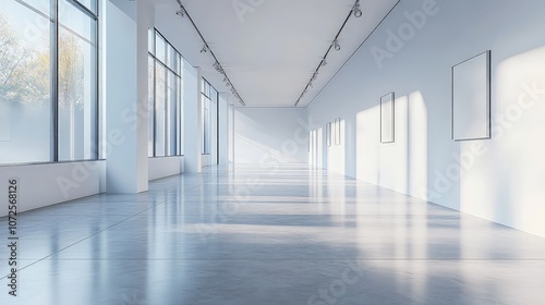 Minimalist white gallery interior with spotlights, ideal for showcasing modern art pieces