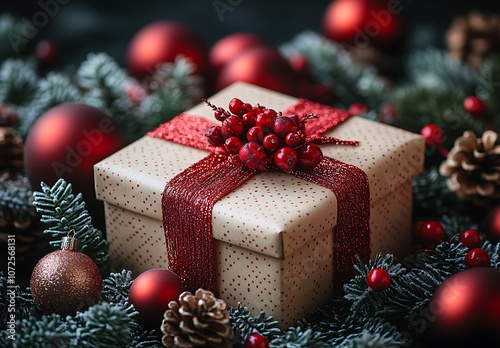 Elegant Gift Box with Red Ribbon and Pine Cones.