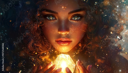 A fantasy sorceress with curly hair and captivating eyes holds a brightly glowing crystal, her aura radiating mystical energy and charm.