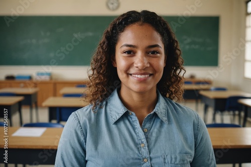 Close portrait of a smiling young Samoan female elegant primary school teacher standing and looking at the camera, indoors almost empty classroom blurred background